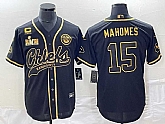 Men's Kansas City Chiefs #15 Patrick Mahomes Black Gold C Patch Super Bowl LVII Cool Base Stitched Baseball Jersey,baseball caps,new era cap wholesale,wholesale hats
